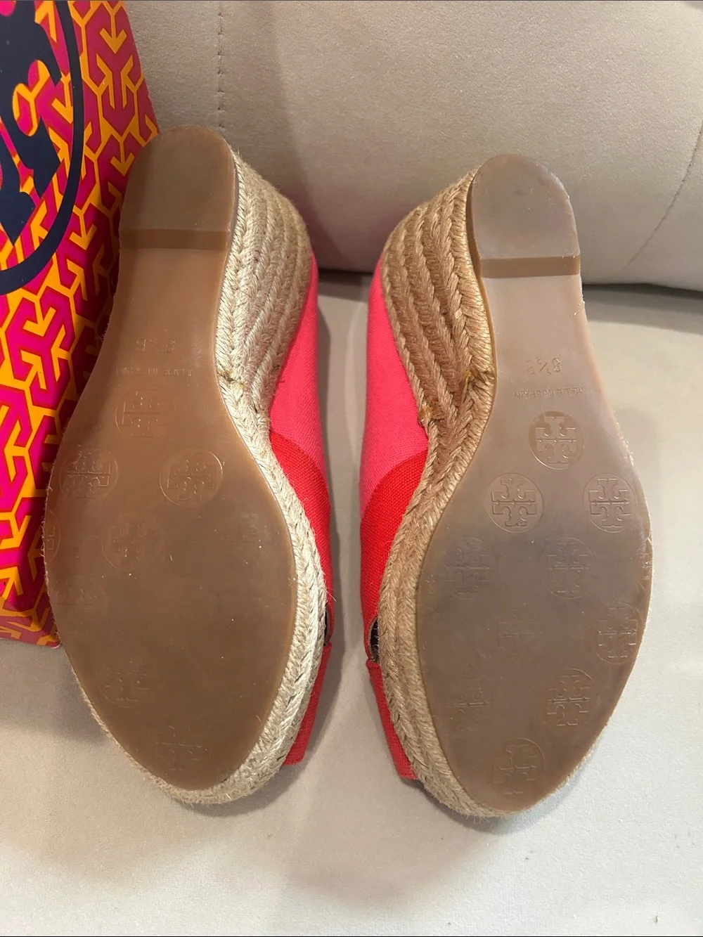Tory Burch Two-Tone Pink and Red Canvas Wedge Espadrille